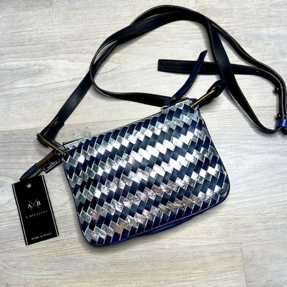 A. Bellucci Woven Leather Crossbody, Navy/ Silver NWT